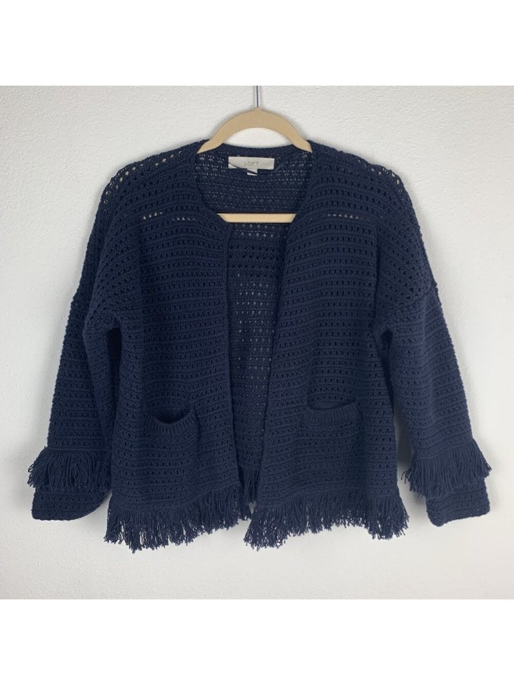 ✨3/$30 Ann Taylor LOFT S Navy Blue Open Front Knit Fringe Cardigan Sweater Top